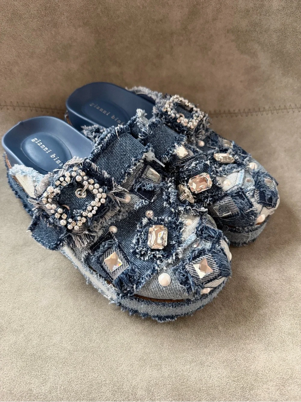 NWT Gianni Bini Omari Denim Patchwork Jewel and Pearl Embellished Platform Clogs
